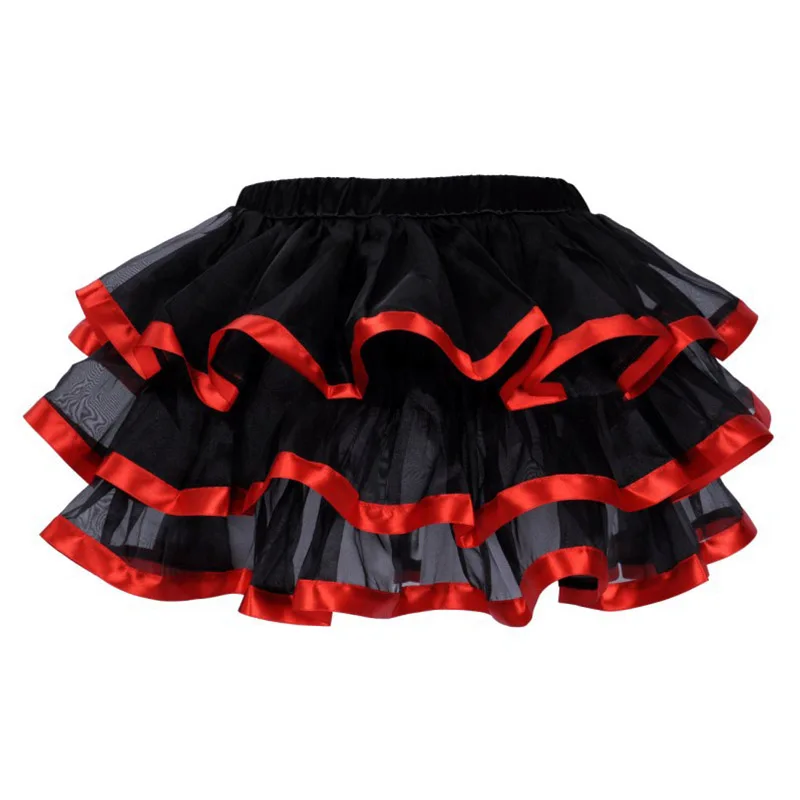 Plus Size Ruffles Layered Skirts Adult Red Ribbon Trim Black Organza Sexy Punk Tutu Skirt Women Pettiskirts