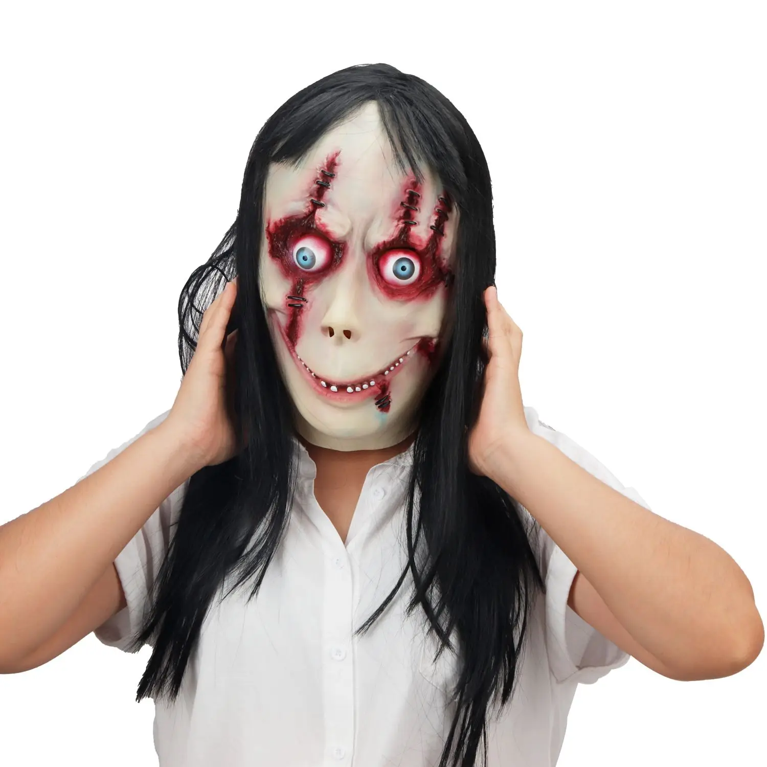 Mens Women Long Black Hair Latex Mask Zombie Scary Halloween Fancy Dress Costume 