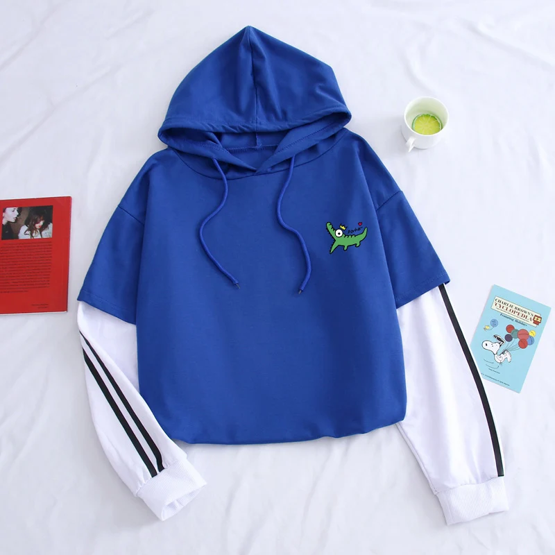 

Fashion Casual Crocodile Kawaii Animal Print Winter Hoodies Hoodie Hip Hop Fake Two Pieces Sweatshirt Unisex Pullover Spliced