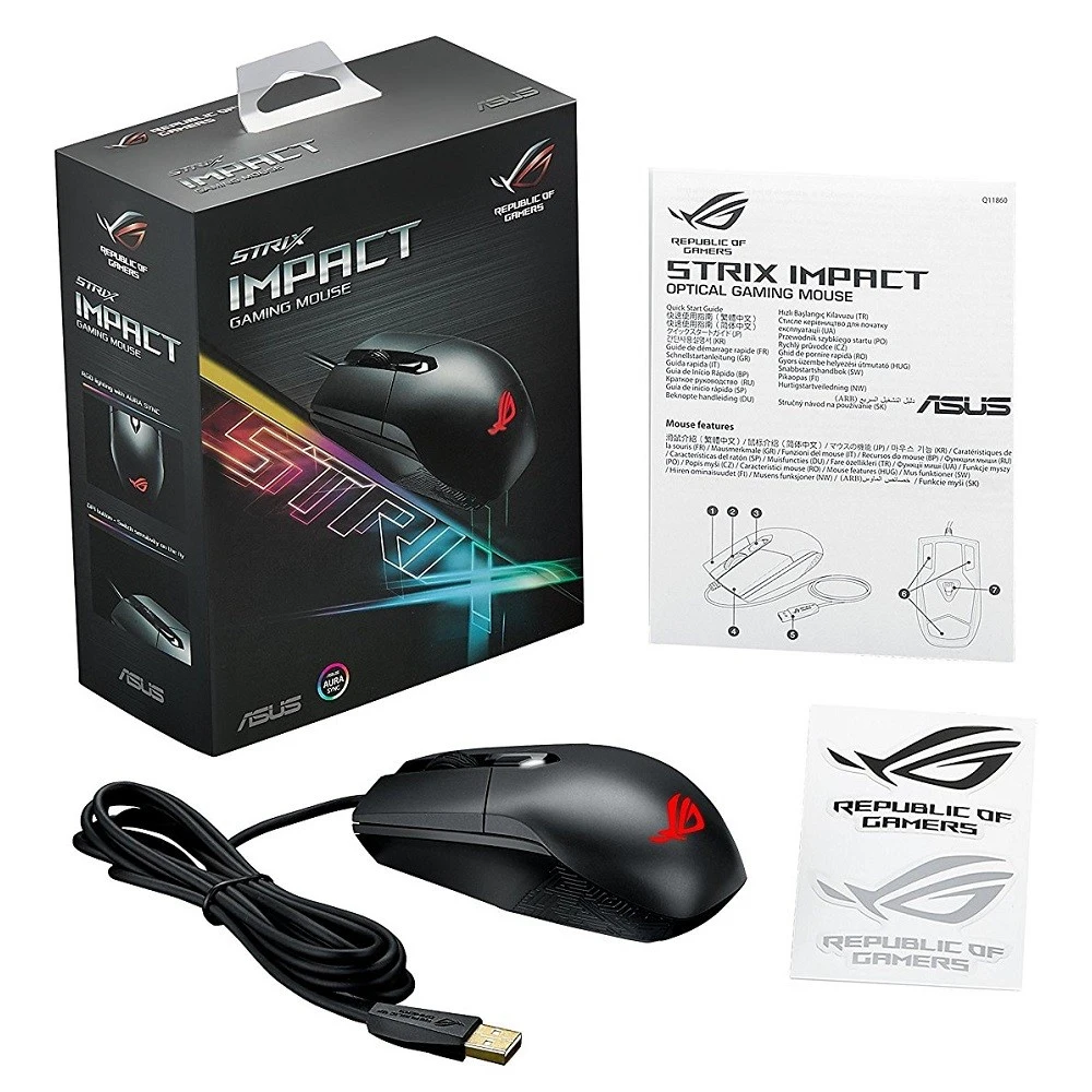 Мышь ASUS ROG Strix Impact 90MP00P0-B0UA00 оптическая, проводная, 5000 dpi, USB, RGB подсветка, цвет: черный