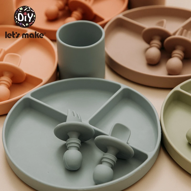Let's Make Juego de vajilla de silicona para bebé, tenedor, cuchara, bandeja de succión BPA, productos antideslizantes para niños, cena, 3 unids/set|Platos| - AliExpress