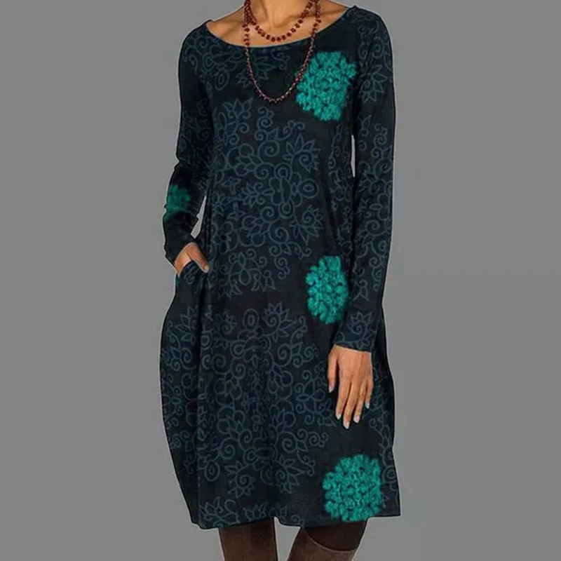 Senhoras retro floral em torno do pescoço nova primavera outono de manga comprida elegante na altura do joelho vestido senhoras novo casual solto saia bolso