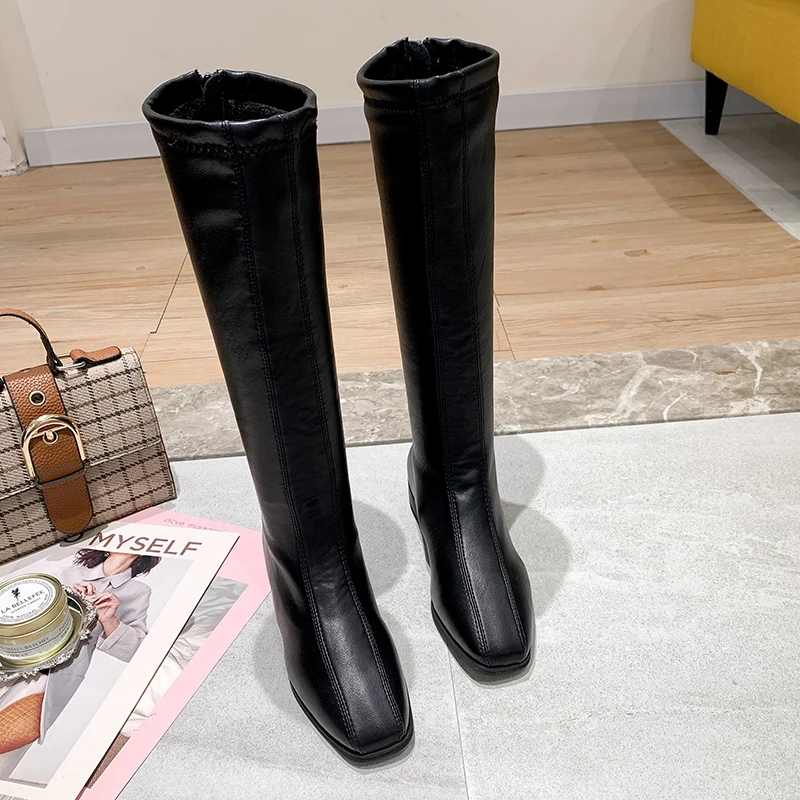 Women Pu Leather Black Knee High Boots Low Heel Waterproof Long Boots Women Brand Fashion Winter Keep Warm Slim Women Shoes