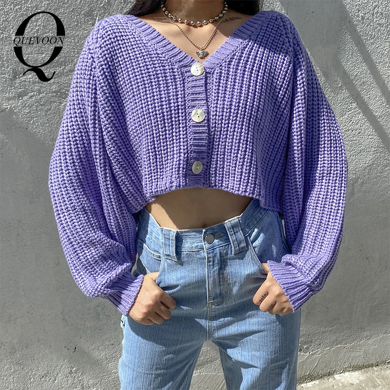 

QUEVOON Puff Sleeve Buttoned V-Neck Cardigans Loose Style Casual Women Sweaters Autumn Winter Solid Violet Color Clothing 2020