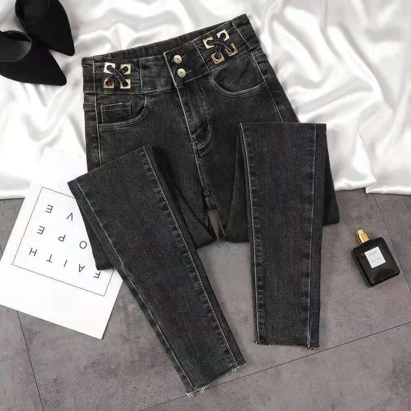 High Waist Light-colored Ripped Jeans Women's Summer 2021 New Korean Version of Tight-fitting Thin Feet Nine-point Thin Section women s jeans high waist plus velvet autumn and winter new style tight fitting thin light colored trousers with velvet feet