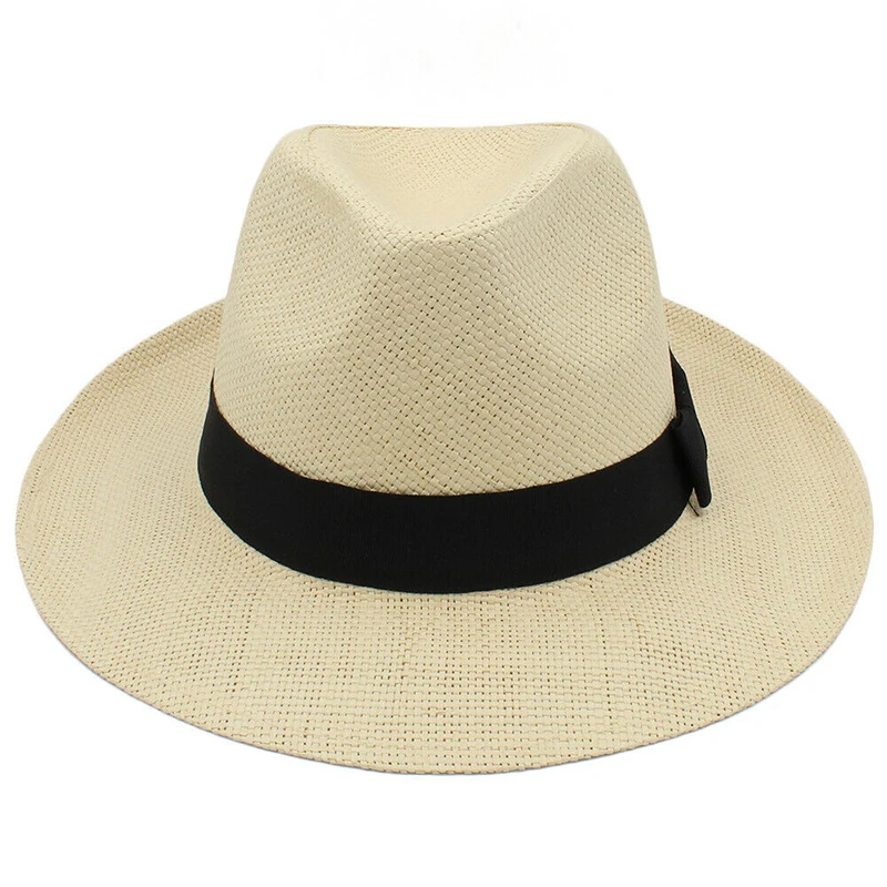 Men Women Straw Panama Hats Summer Wide Brim Sombrero Fedora Sunhats Feather Band Trilby Caps Outdoor Travel Size US 7 1/4 UK L stetson trilby