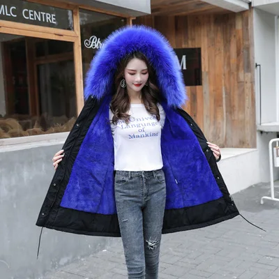 Длинные куртки, пальто, женские толстые теплые большие меховые с капюшоном, бархатные парки, большие размеры 5XL 6XL, зимнее хлопковое Стеганое пальто для женщин - Цвет: Royal blue