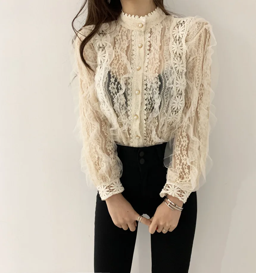 H3e1669dd638140bbb0329cac972480a7n - Spring / Autumn Stand Collar Long Sleeves Crochet Flower Lace Blouse