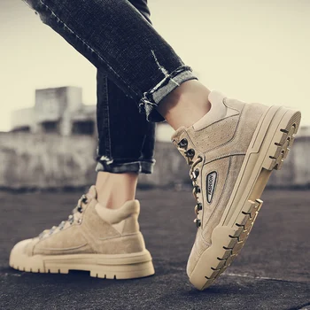 

2019 Men Women Couple Shoes Genuine Leather Round Toe Lace-Up Flat Heel Shallow Ankle Boot Casual Fall Boot