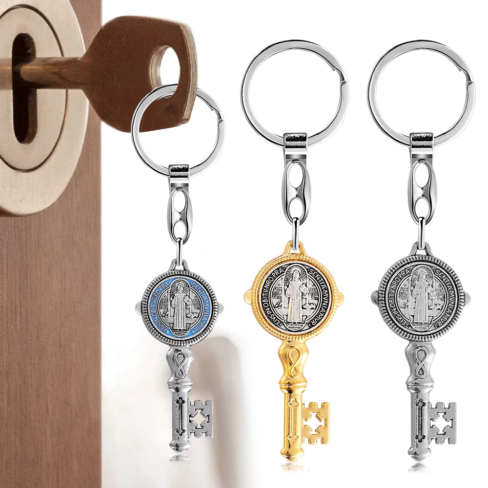 

Religious Keychain San Benito Key Ring for Men Women Dripping Oil Saint Benedict Key Shape Chain Pendant Bag Jewelry Accessories