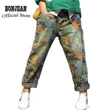 Джинсы-шаровары, джинсовые штаны, свободные штаны для женщин, с принтом, большие размеры, больше размера d, Ретро стиль, модные, повседневные, американские, 80705-1