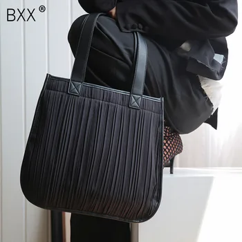 

[BXX] Foldable Pleated Shoulder Bag Large Capacity Shopping Bags For Women Female Causal Chic Tote Japanese Style Handbag HJ644