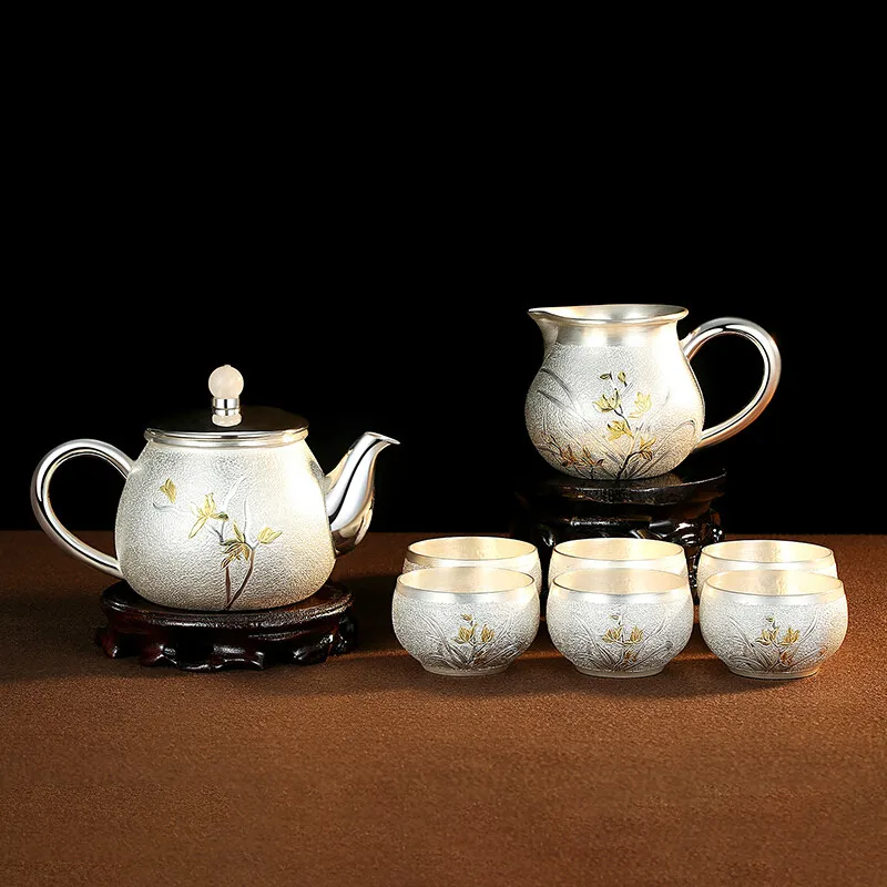 

999 Sterling Silver Orchid Silver Tea Set Orchid Gilded Handmade Kung Fu Teapot and Cup Household Large Capacity Silverware