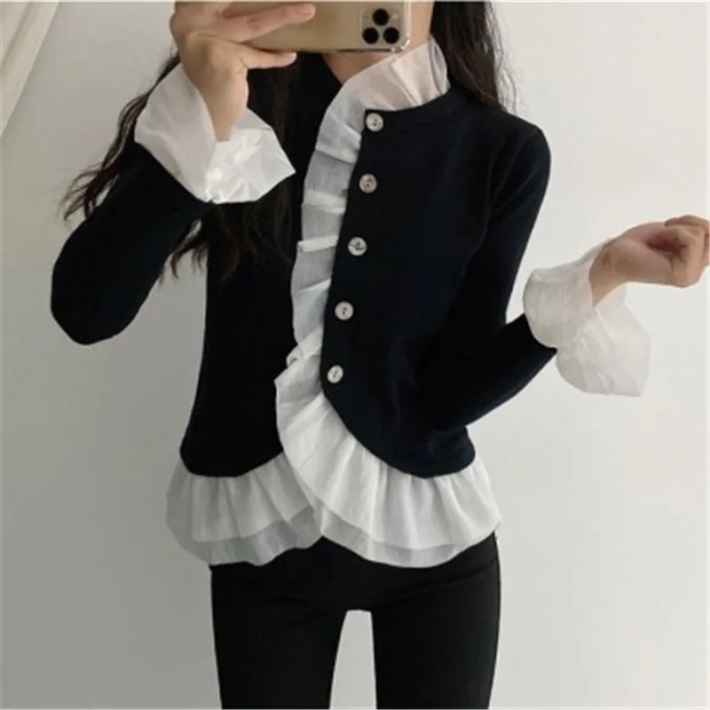 

Women Black Knit Cardigans Fall Winter Retro Hit Color Ruffled Patchwork Sweater Jackets Elegance Fake 2pcs Buckles Sweaters