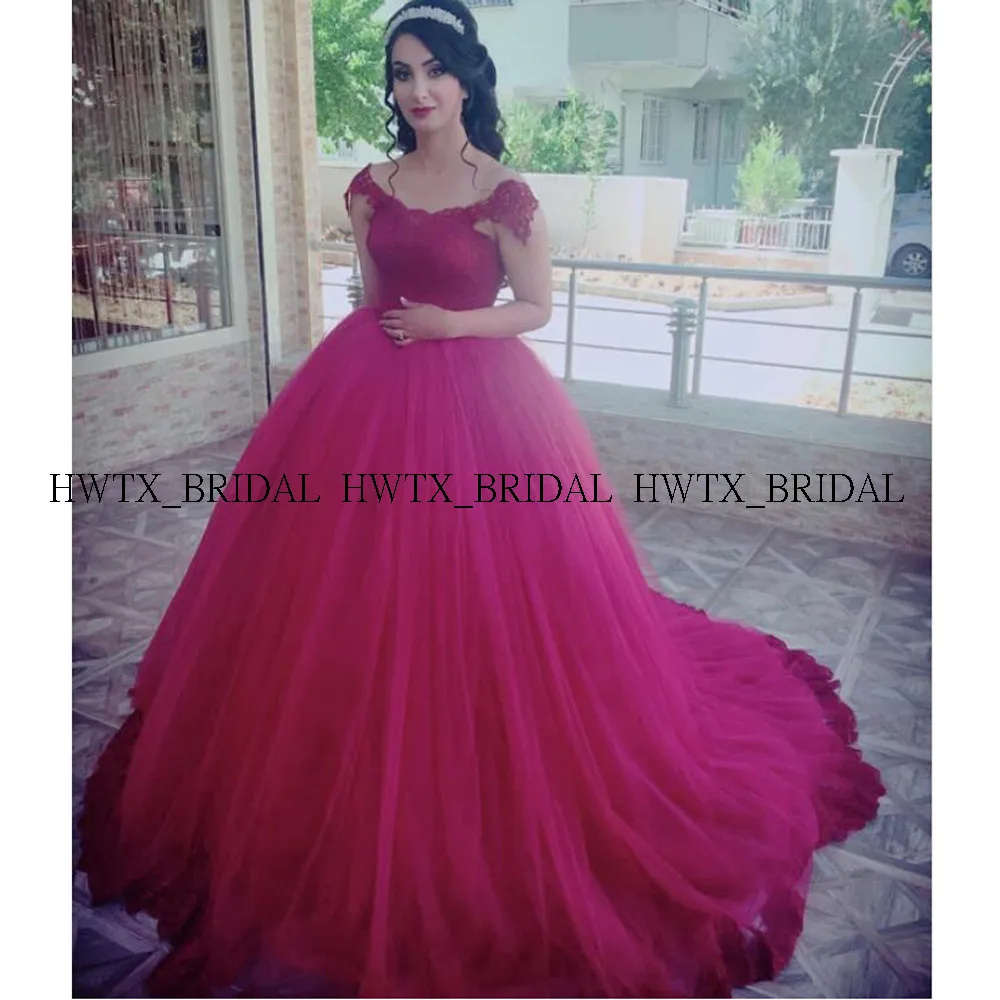 Элегантное красное фатиновое пышное платье кружевное платье с аппликацией и открытыми плечами бордовое длинное бальное платье для выпускного вечера vestidos de 15 anos - Цвет: fuchsia