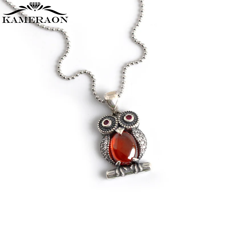 Retro Red Diamond Owl S925 Sterling Silver Necklace Pendant Jewelry for Women Girls Birthday Present Trendy Jewel Gifts 2021 New