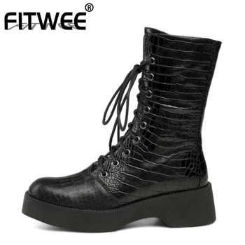 

FITWEE Real Leather Women Mid Calf Boots Zipper Round Toe Cross Strap Shoes Warm Boots Women Fashion Payty Footwear Size 34-40