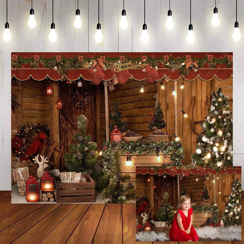 Mehofond Merry Christmas Photography Christmas Tree Vintage Wooden Door Brick Wall Gift Toy Bear Decor Backdrop Photo Studio