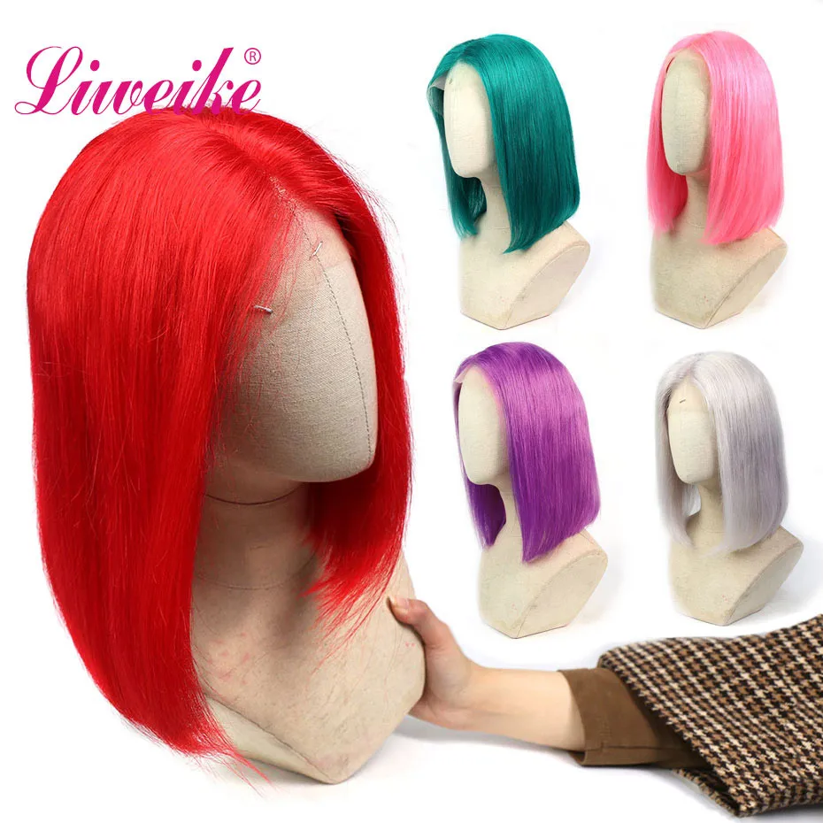 

Liweike Short Bob 12 Inches Straight 13*4 Lace Front Wig Rosy Grey Red Pink Color Green Brazilian Remy Human Hair Glueless Wigs
