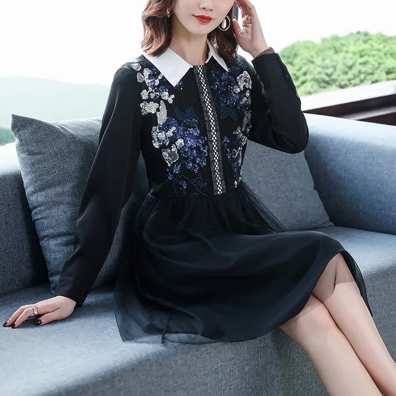 

2020 Early Spring Large Size Dress Base Dress by Age Chubby Mm Belly Covering Western Style Sequin Embroidered Skirt