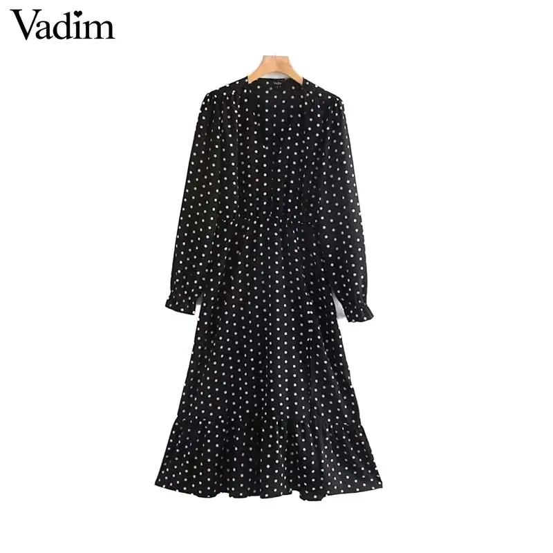 Женское элегантное платье vadim, черное платье в горошек, длинный рукав, женский с эластичной талией, повседневные уютные платья до середины икры, vestidos QC840