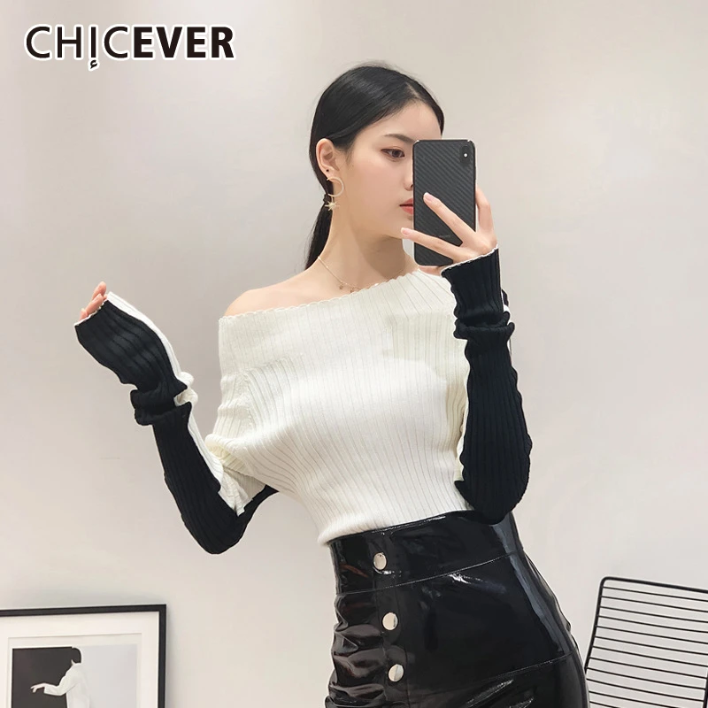 

CHICEVER Hit Color Slash Neck Off Shoulder Women's Sweater Long Sleeve Jumper Sweaters Female Fashion New Clothes Autumn Korean