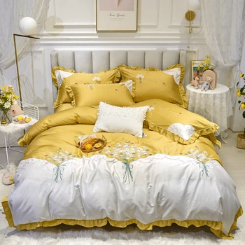 

Yellow Green 60S Egyptian Cotton Girls Bedding Set Daisy Bouquet Embroidery Ruffles Duvet Cover Bed Sheet Bed Linen Pillowcases