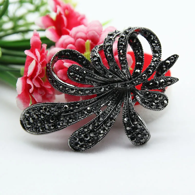 Стразы черный цветок броши для женщин винтажная антикварная серебряная брошь на