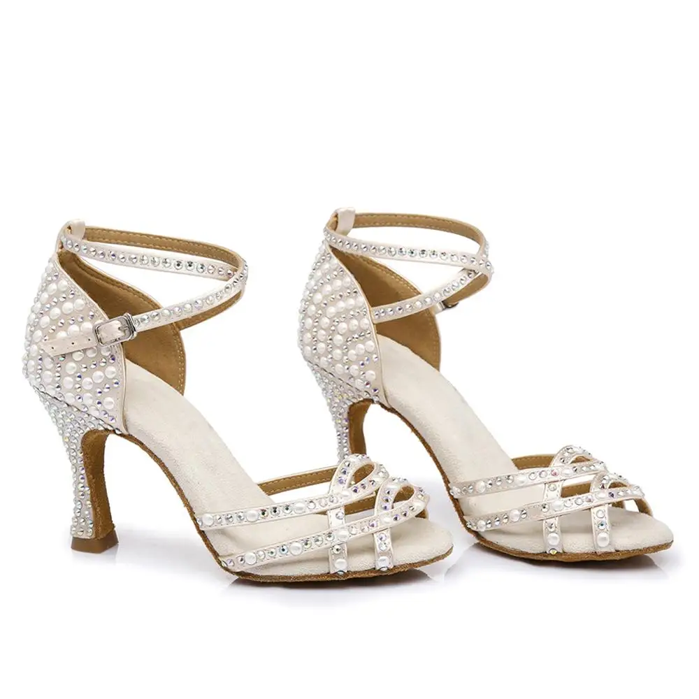 SWDZM Pearl rhinestone Latin dance shoes for Women Girls ladies ballroom dancing shoes sexy banquet high heels 5-10CM sandals