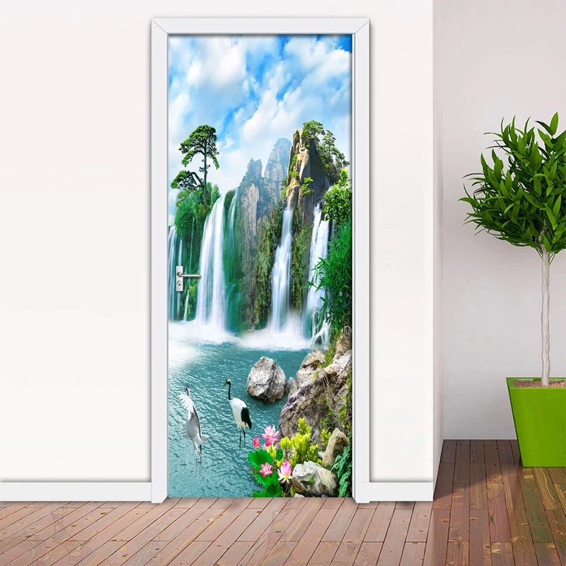 

Waterfall Chinese Door Sticker 3D Nature Scene Living Room Bedroom Door Wallpaper Wall Stickers Self-Adhesive Waterproof Decor