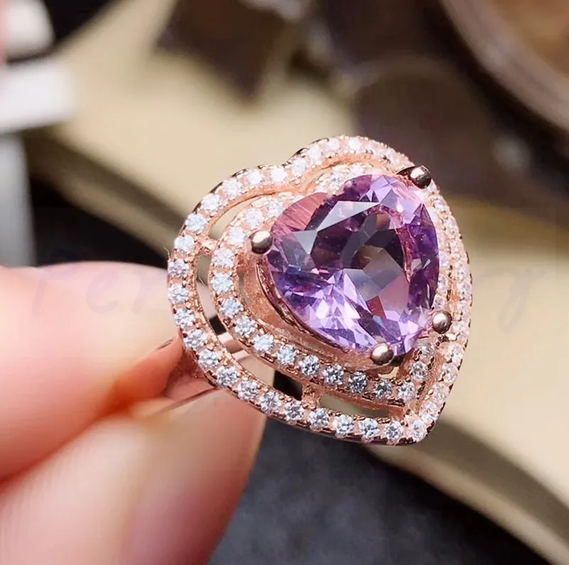 

Natural real amethyst love heart style ring 925 silver rings Free shipping 3.5ct big gemstone Fine jewelry #R981506