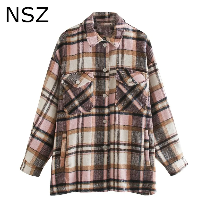 Куртка женская шерстяная в клетку свободного покроя с длинным рукавом | Женская