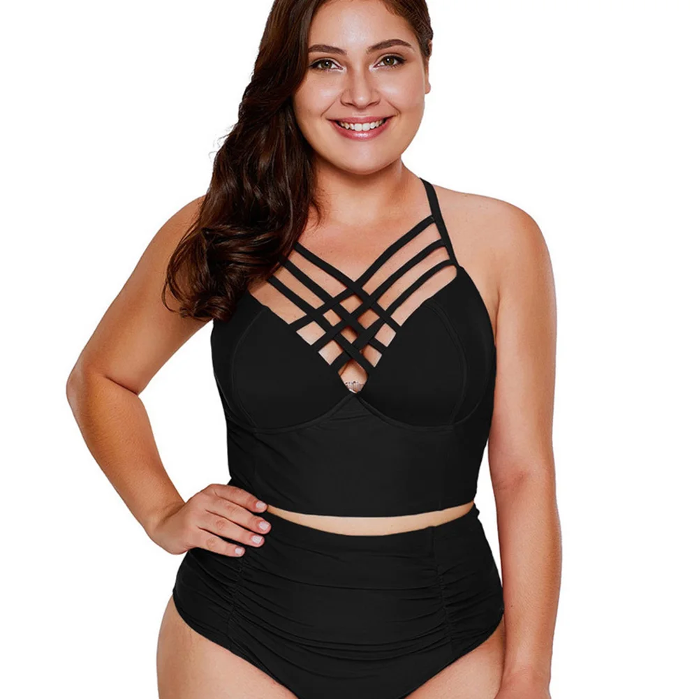 Бикини однотонного цвета женский купальник Maillot De Bain Femme плюс размер Biquini XL XXXL 5XL глубокий v-образный вырез купальный костюм
