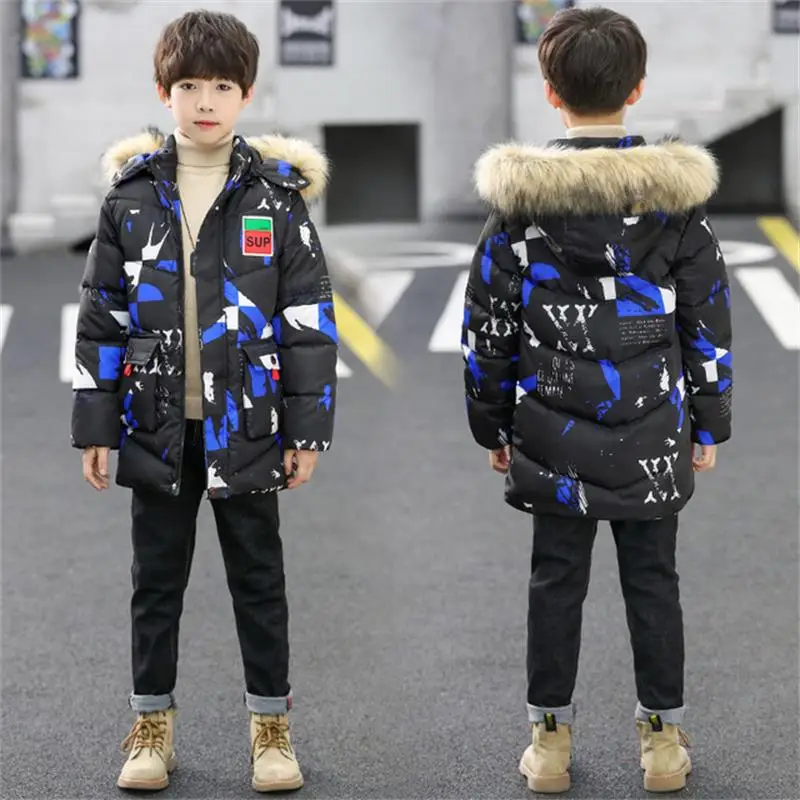 

2019 winter boys Camouflage down jacket Medium long kids boy coat children Natural fur collar hooded outerwear 4-15Y