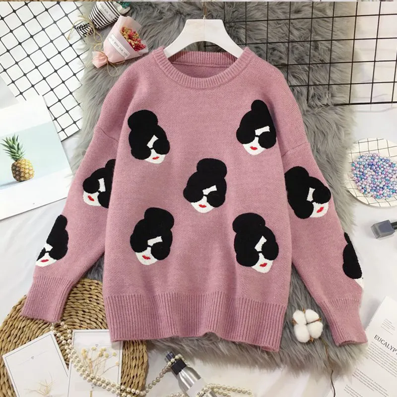 2020 Winter Knitted O-Neck Print Women's Sweaters Cartoon Human Avatar Loose Female Pullovers Fashion Warm School Ladies Sweater