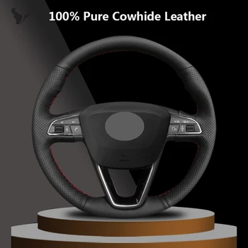 

Black Genuine Leather Steering Wheel Cover for seat ibiza leon 5f mk3 2013-2019 ibiza 6j tarraco arona ateca