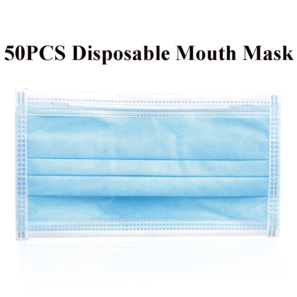 

50PCs Disposable Blue 3-Layer Non-woven Mouth Face Mask Hypoallergenic Anti-Dust Anti-bacterial Breathing Safety Earloop Masks