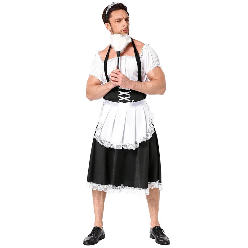 

Adult Men's Sissy Maid Housekeeper Dress Costume Cosplay Black White Halter Stage Funny Reverse Performance Halloween