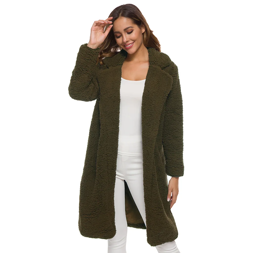 Женское плюшевое пальто, Осень-зима, Тренч из овечьей шерсти, длинный рукав, винтажный стиль, размера плюс, утолщенная теплая верхняя одежда, длинная куртка из искусственного меха