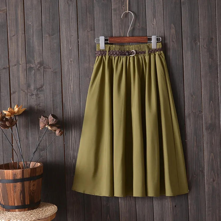 Миди до колена, летняя женская юбка с поясом, мода, Корейская женская плиссированная трапециевидная школьная юбка с высокой талией для женщин - Цвет: Army green