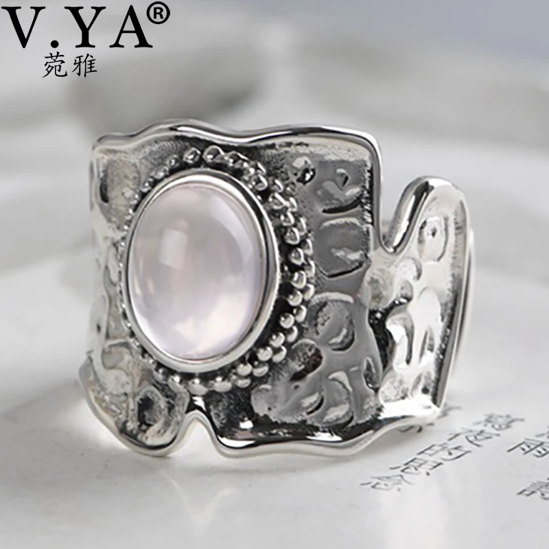 

V.YA Women S925 Sterling Silver Open Ring Pink Stone Rings Wide Baroque Adjustable Engagement Female Ring Fashion Jewelry