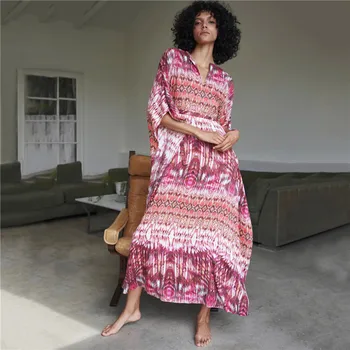 

2020 Women Loose half Sleeve Printed beach Cover Up Long Beach Dress beach wear Bathing Suit swimwear women saida de praia pareo