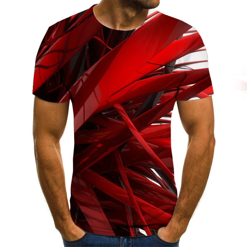 3D T Shirt Geometric Stripe Red Pattern Print TShirt Fashion Trend Teen Short Sleeve shirt Summer Tee Men slim breathable Tops| |