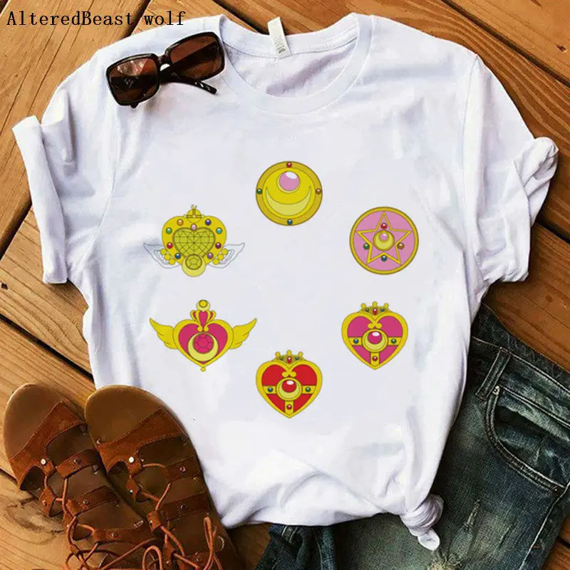 Kawaii Сейлор Мун карманная футболка Женская милая одежда Аниме забавная мультяшная Футболка с принтом 90s Женская белая футболка женские модные топы