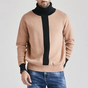 

Men's New Autumn Winter Sweaters Turtleneck Long Sleeve Twist Knitted Sweater Top Black Patchwork Male Elasticity Slim Knitwear