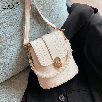 

[BXX] Crocodile Pattern PU Leather Crossbody Bags For Women 2020 Autumn Pearl Chain Shoulder Handbags Female Travel Bag HO070