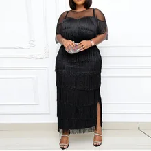 

Black Cascading Tassel Long Dress Women Sexy See-though Mesh Patchwork 2021 Summer Robe African Elegant Slim Party Maxi Vestiods