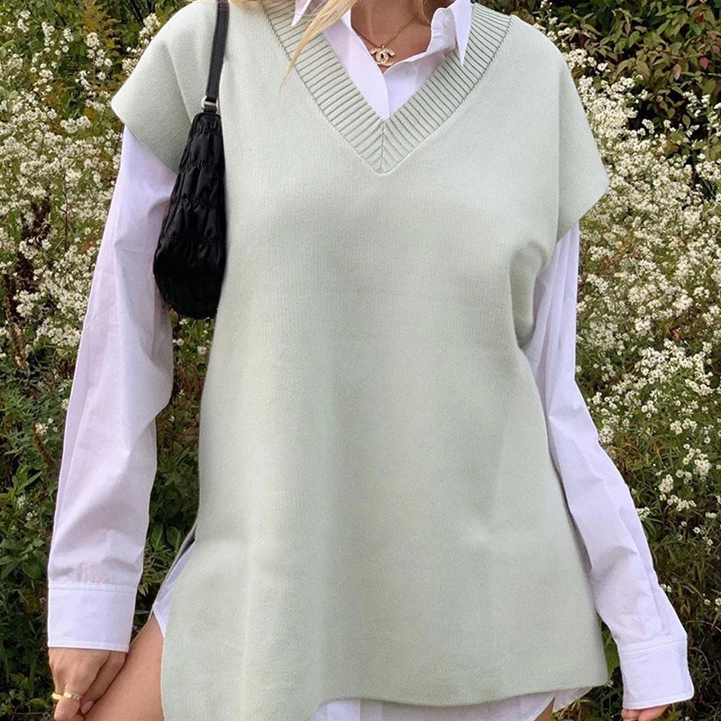 Evfer Women Casual Sleeveless Za Green Loose Sweaters Female Elegant V-neck Knitted Autumn Pullover Tops Girls Knitwear | Женская одежда
