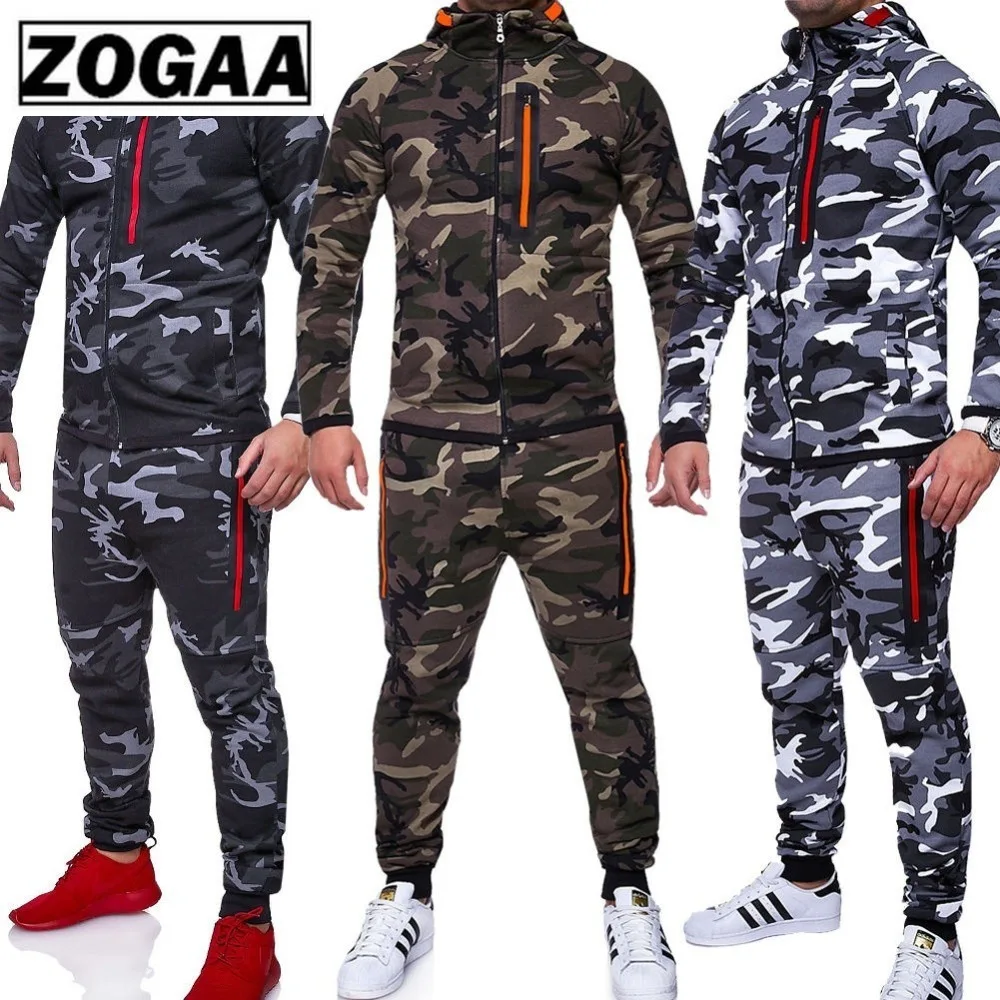 ZOGAA мужские комплекты Спортивный костюм камуфляжная куртка Камуфляжный спортивный костюм с принтом, сочетающаяся Спортивная одежда толстовка с капюшоном пальто брюки спортивный костюм военный