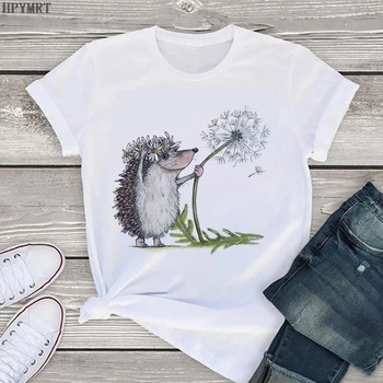 

Hedgehog and dandelion printed female T-shirt summer Harajuku women's large size top T shirt fashion casual short-sleeved Tshirt